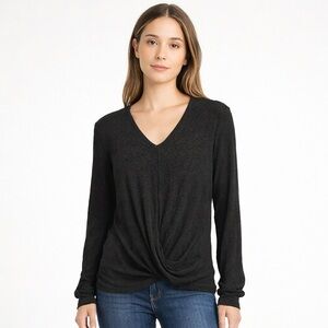 FIFTEEN TWENTY Ribbed Twist Front V Neck Long Sleeve Top Black L